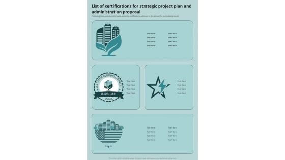 List Of Certifications For Strategic Project Plan And Administration Proposal One Pager Sample Example Document List Of Certifications For Strategic Project Plan And Administration Proposal One Pager Sample Example Document