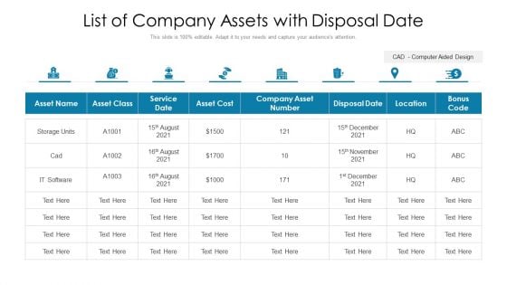 List Of Company Assets With Disposal Date Ppt PowerPoint Presentation Layouts Themes PDF
