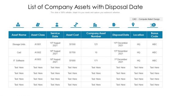 List Of Company Assets With Disposal Date Ppt PowerPoint Presentation Layouts Themes PDF