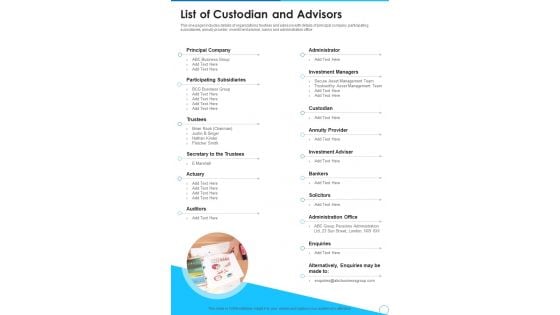 List Of Custodian And Advisors One Pager Documents