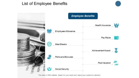 List Of Employee Benefits Currency Ppt PowerPoint Presentation Portfolio Deck