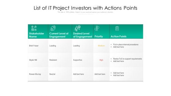 List Of IT Project Investors With Actions Points Ppt PowerPoint Presentation Gallery Templates PDF