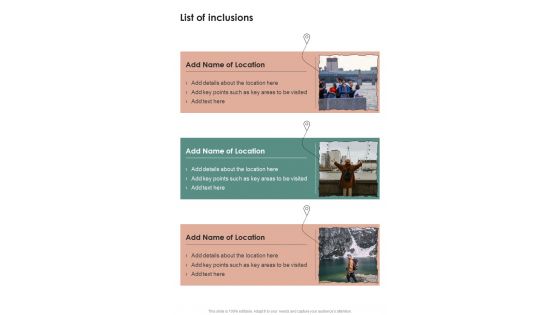 List Of Inclusions Corporate Trips And Packages Proposal One Pager Sample Example Document