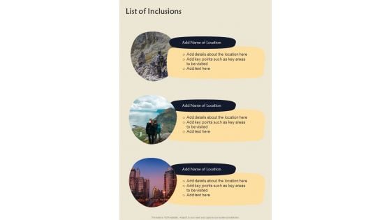 List Of Inclusions Travel Agency Proposal For Business Association One Pager Sample Example Document List Of Inclusions Travel Agency Proposal For Business Association One Pager Sample Example Document