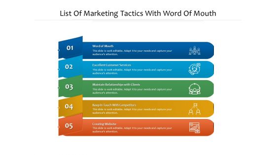 List Of Marketing Tactics With Word Of Mouth Ppt PowerPoint Presentation File Infographics PDF