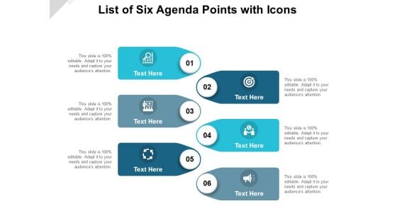 List Of Six Agenda Points With Icons Ppt PowerPoint Presentation Infographic Template Example Introduction