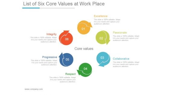 List Of Six Core Values At Work Place Ppt PowerPoint Presentation Clipart