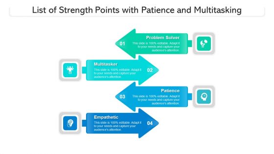 List Of Strength Points With Patience And Multitasking Ppt PowerPoint Presentation Gallery Graphics Tutorials PDF