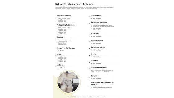 List Of Trustees And Advisors One Pager Documents