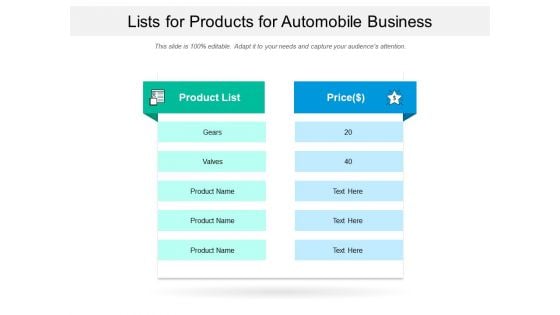 Lists For Products For Automobile Business Ppt PowerPoint Presentation File Ideas PDF