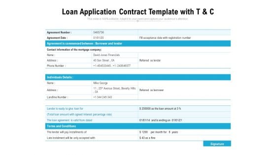 Loan Application Contract Template With T And C Ppt PowerPoint Presentation Gallery Slide Portrait PDF