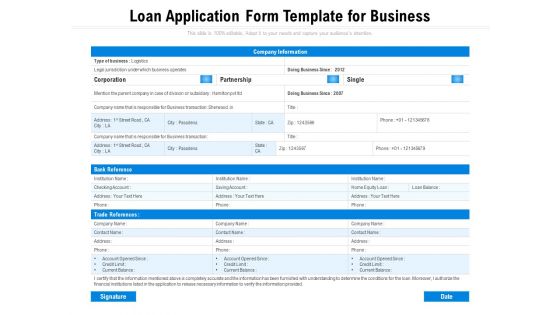 Loan Application Form Template For Business Ppt PowerPoint Presentation Gallery Smartart PDF