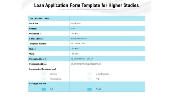 Loan Application Form Template For Higher Studies Ppt PowerPoint Presentation Gallery Slides PDF