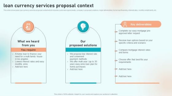 Loan Currency Services Proposal Context Ppt Summary Format Ideas PDF