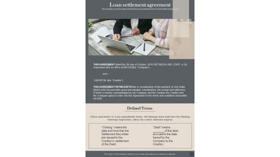 Loan Settlement Agreement A1 One Pager Sample Example Document