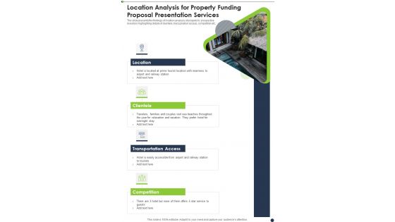 Location Analysis For Property Funding Proposal Presentation Services One Pager Sample Example Document