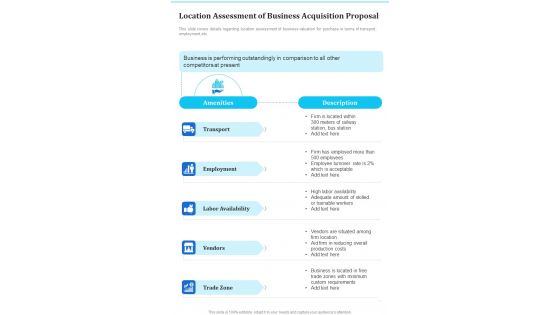 Location Assessment Of Business Acquisition Proposal One Pager Sample Example Document