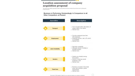 Location Assessment Of Company Acquisition Proposal One Pager Sample Example Document