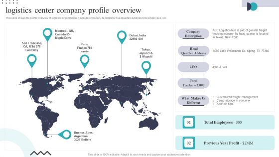 Logistics Center Company Profile Overview Ppt PowerPoint Presentation Gallery Icons PDF