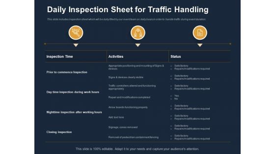 Logistics Events Daily Inspection Sheet For Traffic Handling Ppt Styles Professional PDF Logistics Events Daily Inspection Sheet For Traffic Handling Ppt Styles Professional PDF