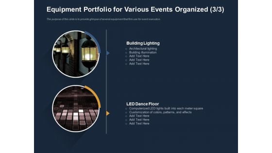 Logistics Events Equipment Portfolio For Various Events Organized Lighting Ppt Sample PDF