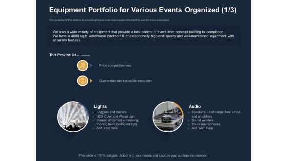 Logistics Events Equipment Portfolio For Various Events Organized Ppt Show Background PDF