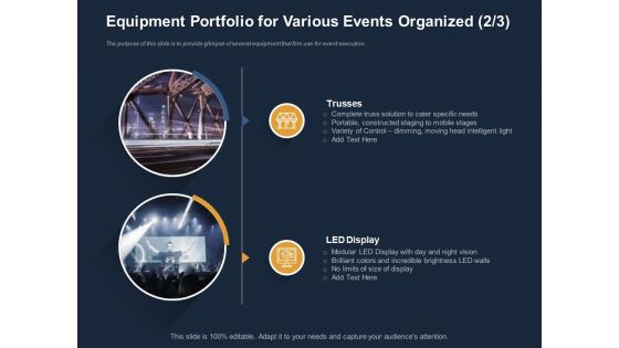 Logistics Events Equipment Portfolio For Various Events Organized Trusses Ppt Styles Background Designs PDF