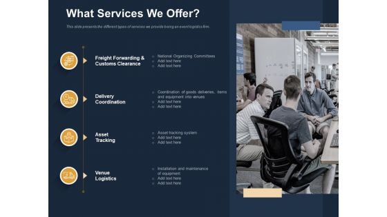 Logistics Events What Services We Offer Ppt Infographic Template Example File Logistics Events What Services We Offer Ppt Infographic Template Example File