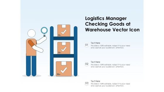 Logistics Manager Checking Goods At Warehouse Vector Icon Ppt PowerPoint Presentation File Designs Download PDF