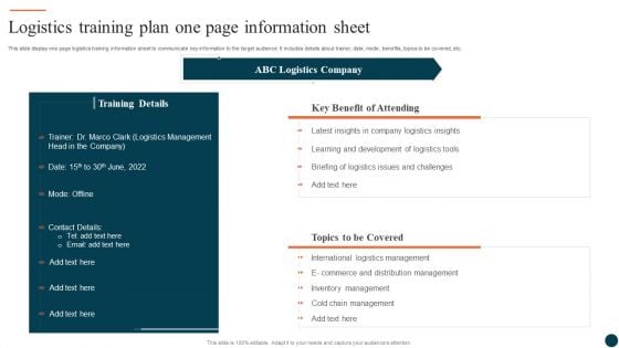 Logistics Training Plan One Page Information Sheet Ppt Portfolio Ideas PDF