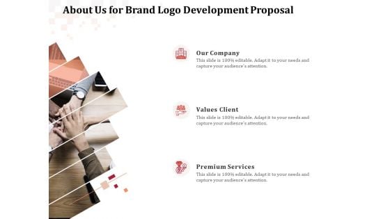 Logo Design About Us For Brand Logo Development Proposal Ppt Icon Clipart PDF