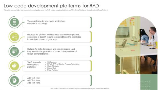 Low Code Development Platforms For Rad Rapid Application Building RAB Model Icons PDF