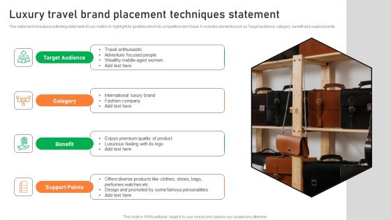 Luxury Travel Brand Placement Techniques Statement Ppt Show Example PDF