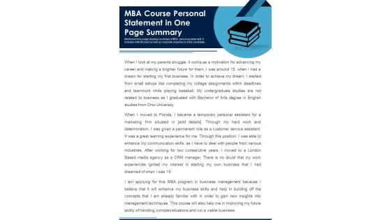 MBA Course Personal Statement In One Page Summary PDF Document PPT Template