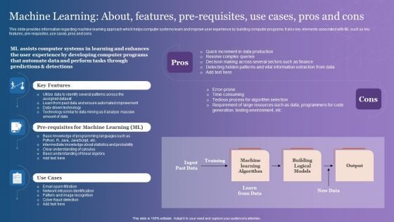 Machine Learning About Features Pre Requisites Use Cases Pros And Cons Demonstration PDF