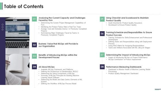 Machine Learning Development And Operations Cycle IT Table Of Contents Brochure PDF