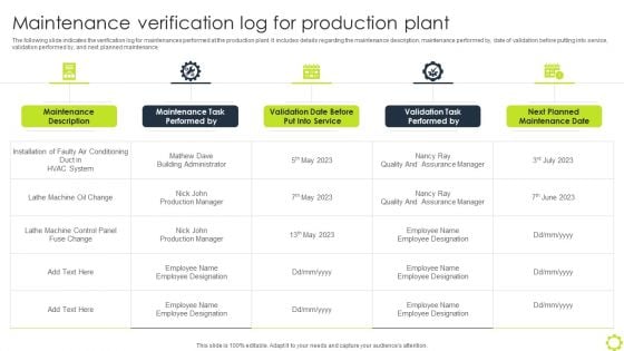 Machine Repairing And Servicing Maintenance Verification Log For Production Plant Designs PDF