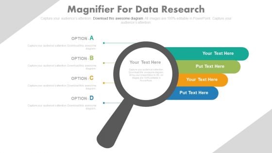 Magnifier With Four Options Tags Powerpoint Slides