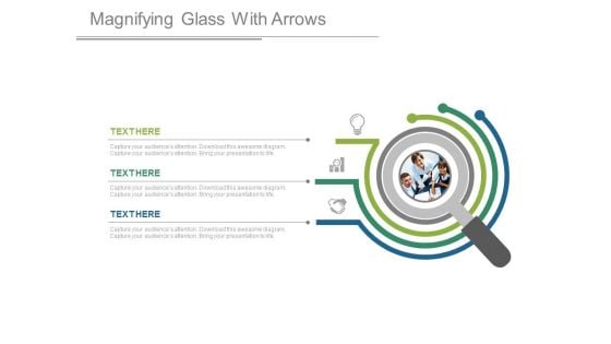 Magnifying Glass With Team And Icons Powerpoint Slides