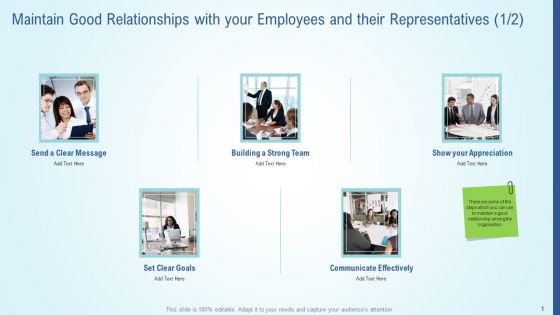 Maintain Good Relationships With Your Employees And Their Representatives Icon Demonstration PDF