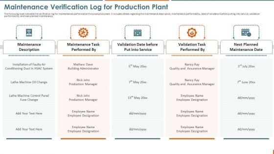 Maintenance Administration Maintenance Verification Log For Production Plant Designs PDF