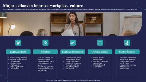 Major Actions To Improve Workplace Culture Ppt Infographics Model PDF Major Actions To Improve Workplace Culture Ppt Infographics Model PDF