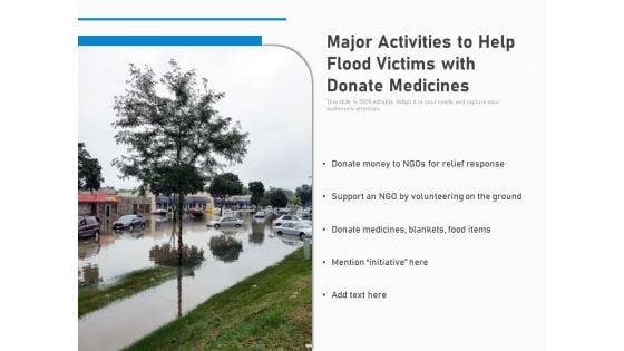 Major Activities To Help Flood Victims With Donate Medicines Ppt PowerPoint Presentation Show Pictures PDF Major Activities To Help Flood Victims With Donate Medicines Ppt PowerPoint Presentation Show Pictures PDF