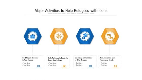 Major Activities To Help Refugees With Icons Ppt PowerPoint Presentation Portfolio Vector PDF