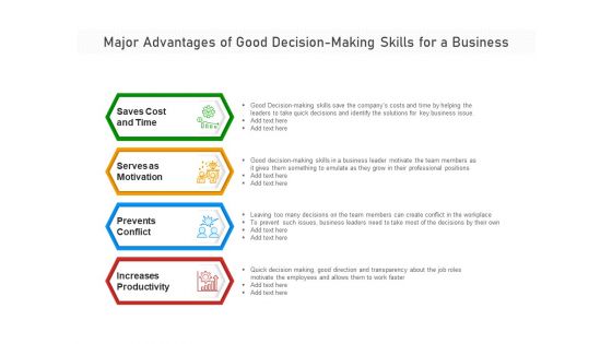 Major Advantages Of Good Decision Making Skills For A Business Ppt PowerPoint Presentation Infographics Samples PDF