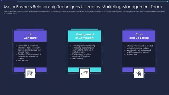 Major Business Relationship Techniques Utilized By Marketing Management Team Information PDF