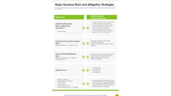 Major Business Risks And Mitigation Strategies Template 107 One Pager Documents Major Business Risks And Mitigation Strategies Template 107 One Pager Documents