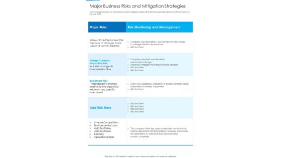 Major Business Risks And Mitigation Strategies Template 312 One Pager Documents Major Business Risks And Mitigation Strategies Template 312 One Pager Documents