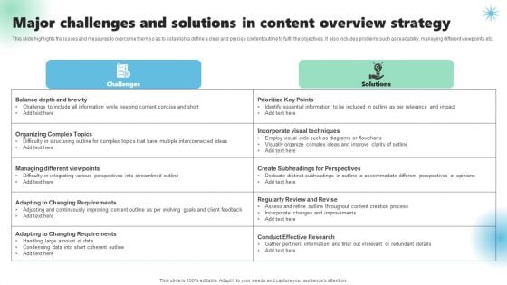 Major Challenges And Solutions In Content Overview Strategy Brochure PDF