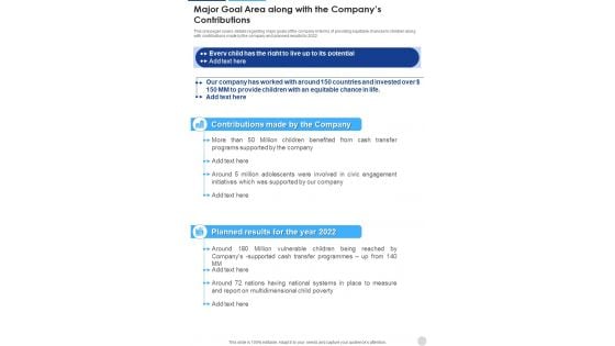 Major Goal Area Along With The Companys Contributions One Pager Documents